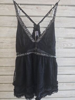 Jean Paul Gaultier Black Sheer Lace-Trim Tank